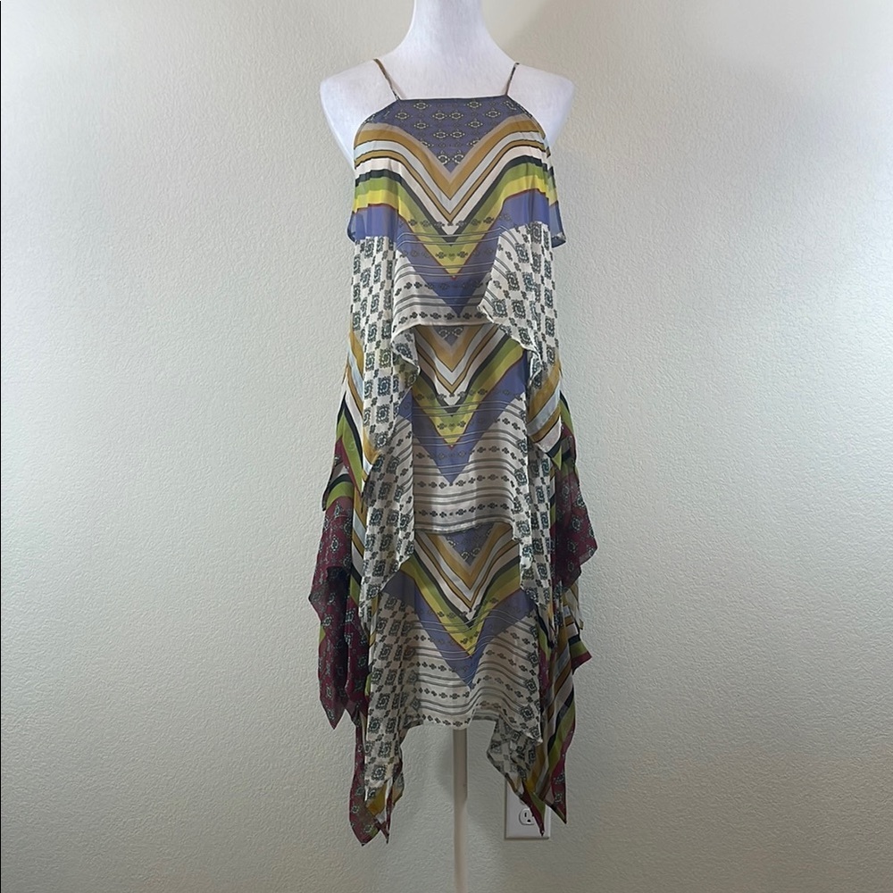 Warm‎ Purple and Yellow Asymmetrical Sundress with Halter Neckline 0
